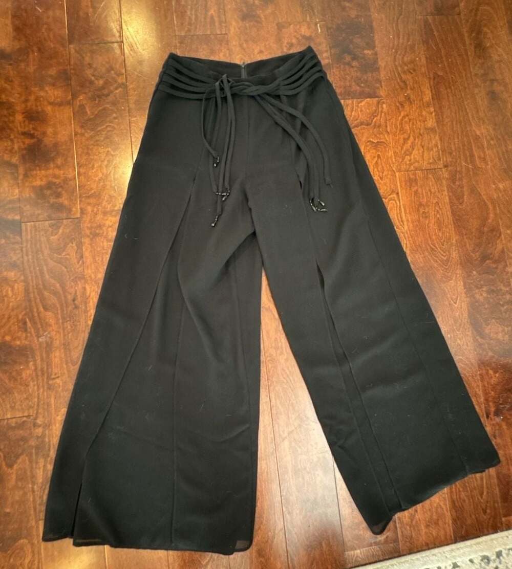 dressbarn collection Black Wide Leg Pants with Side Slits and Decorative Drawstr